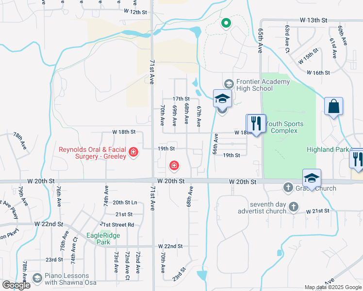 map of restaurants, bars, coffee shops, grocery stores, and more near 6825 West 19th Street in Greeley