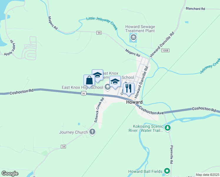 map of restaurants, bars, coffee shops, grocery stores, and more near 23227 Coshocton Avenue in Howard