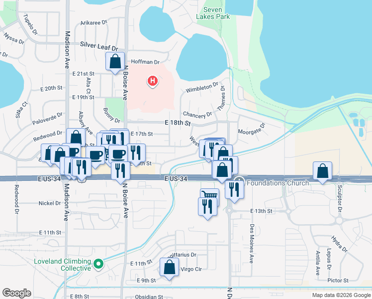 map of restaurants, bars, coffee shops, grocery stores, and more near 2012 Cheyenne Avenue in Loveland