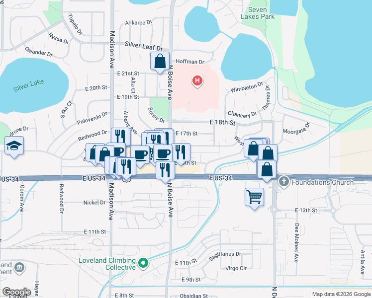 map of restaurants, bars, coffee shops, grocery stores, and more near 1705 Kokanee Court in Loveland