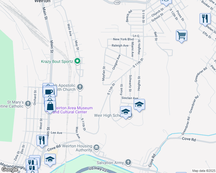 map of restaurants, bars, coffee shops, grocery stores, and more near 216 Mayfair Street in Weirton