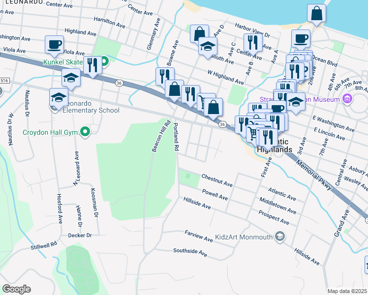 map of restaurants, bars, coffee shops, grocery stores, and more near 123 Oakland Avenue in Atlantic Highlands