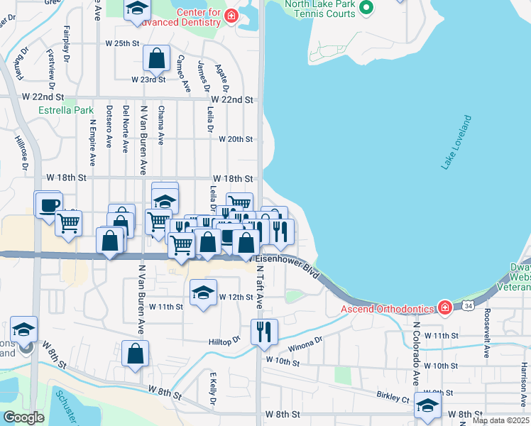 map of restaurants, bars, coffee shops, grocery stores, and more near 1600 North Taft Avenue in Loveland