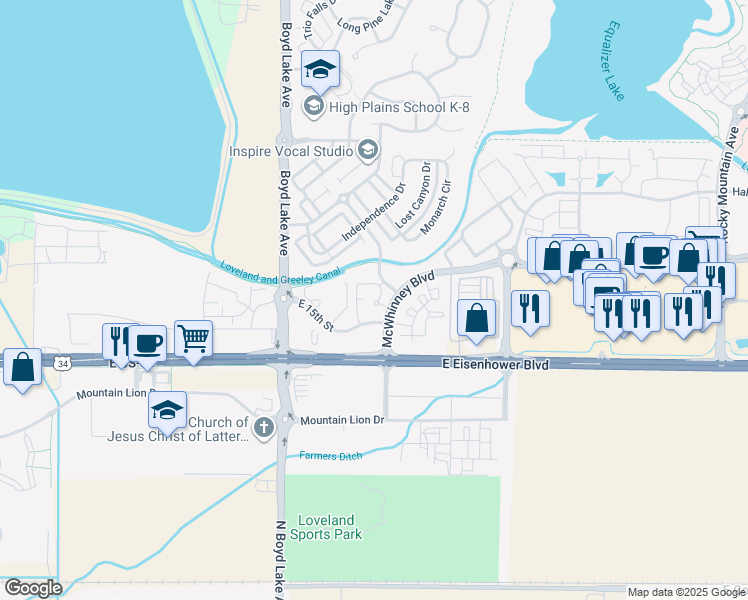 map of restaurants, bars, coffee shops, grocery stores, and more near 4295 McWhinney Boulevard in Loveland