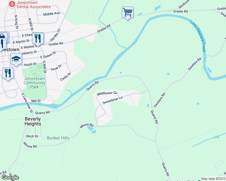 map of restaurants, bars, coffee shops, grocery stores, and more near 63 Wildflower Circle in Lebanon