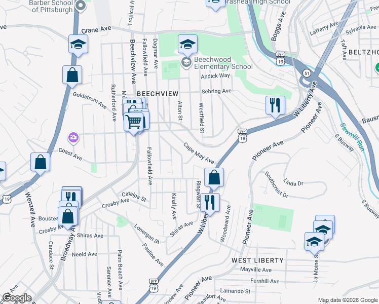 map of restaurants, bars, coffee shops, grocery stores, and more near 306 Cape May Avenue in Pittsburgh