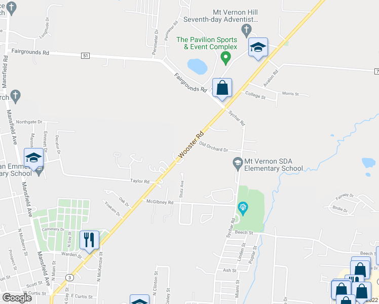 map of restaurants, bars, coffee shops, grocery stores, and more near 436 Wooster Road in Mount Vernon