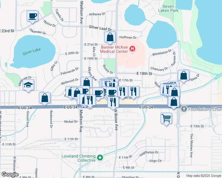 map of restaurants, bars, coffee shops, grocery stores, and more near 1506 East 16th Street in Loveland