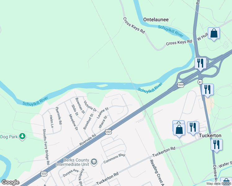 map of restaurants, bars, coffee shops, grocery stores, and more near 319 Rivervale Road in Reading