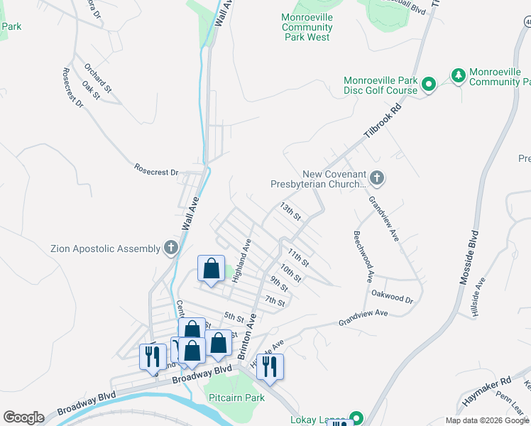 map of restaurants, bars, coffee shops, grocery stores, and more near 1230 Highland Avenue in Pitcairn