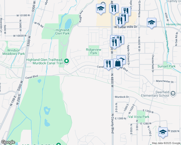 map of restaurants, bars, coffee shops, grocery stores, and more near 9748 Caldwell Place in Highland