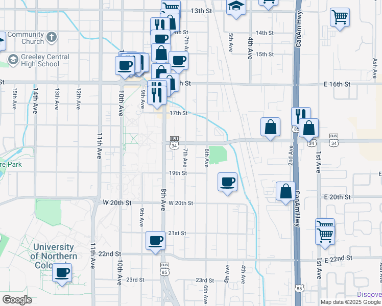 map of restaurants, bars, coffee shops, grocery stores, and more near 1812 7th Avenue in Greeley