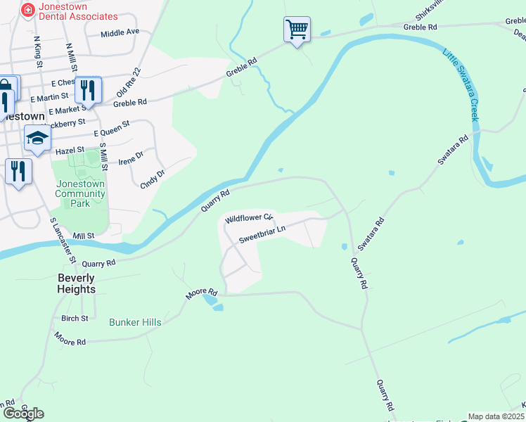 map of restaurants, bars, coffee shops, grocery stores, and more near 63 Wildflower Circle in Lebanon