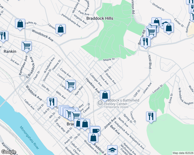 map of restaurants, bars, coffee shops, grocery stores, and more near 901 Roy Street in Braddock