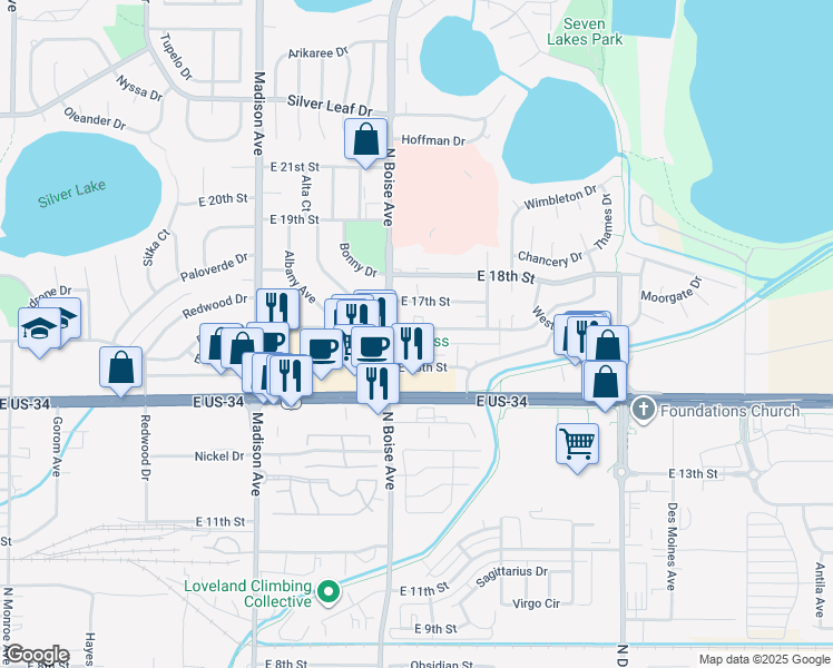 map of restaurants, bars, coffee shops, grocery stores, and more near 1644 East 17th Street in Loveland