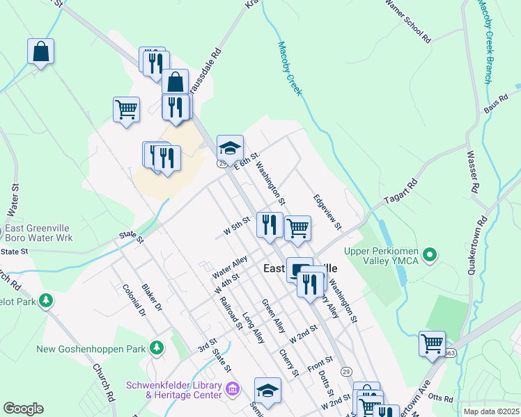 map of restaurants, bars, coffee shops, grocery stores, and more near 502 Washington Street in East Greenville