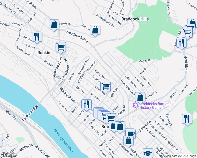map of restaurants, bars, coffee shops, grocery stores, and more near 122 Corey Avenue in Braddock