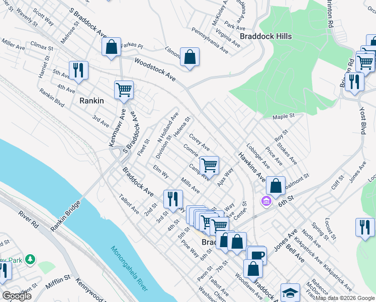 map of restaurants, bars, coffee shops, grocery stores, and more near 122 Corey Avenue in Braddock