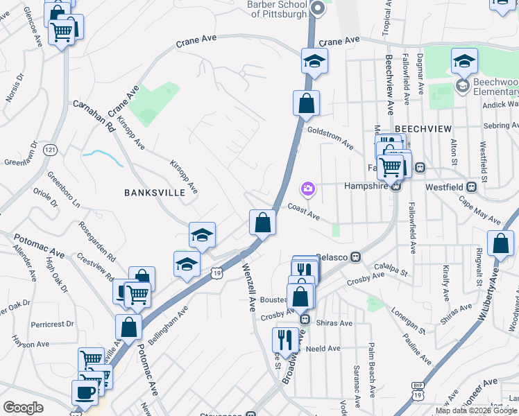 map of restaurants, bars, coffee shops, grocery stores, and more near 1104 Chappel Avenue in Pittsburgh