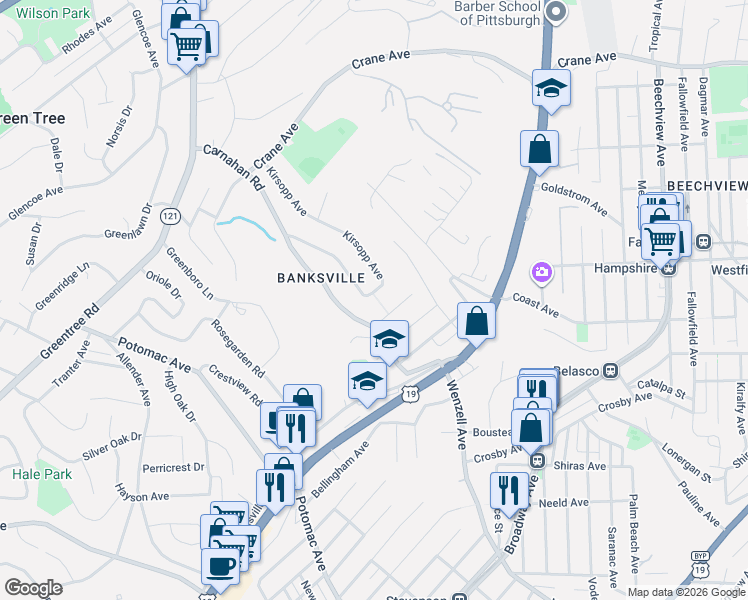 map of restaurants, bars, coffee shops, grocery stores, and more near 1123 Kirsopp Avenue in Pittsburgh