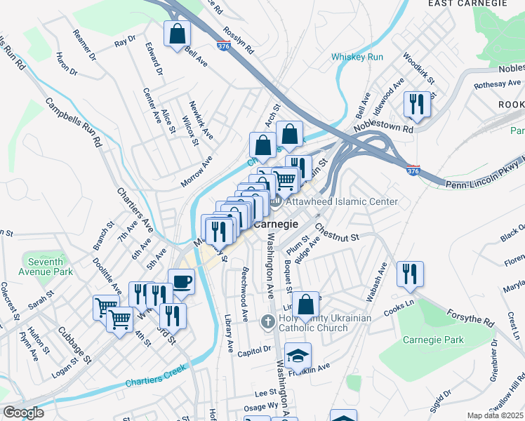 map of restaurants, bars, coffee shops, grocery stores, and more near 341 East Main Street in Carnegie