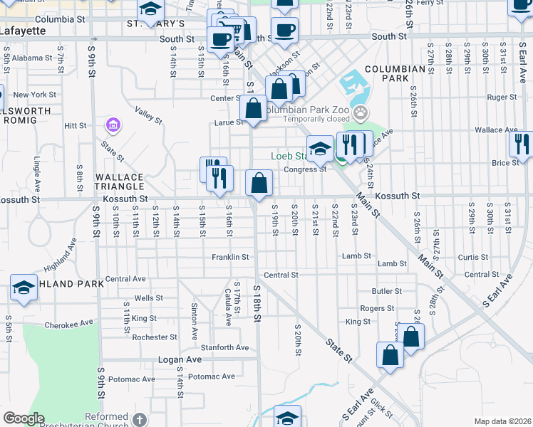 map of restaurants, bars, coffee shops, grocery stores, and more near 1901 Kossuth Street in Lafayette