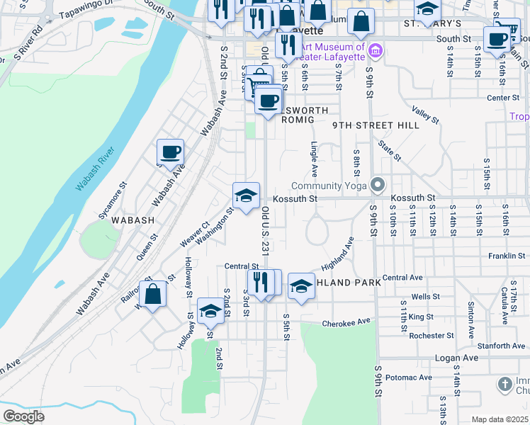 map of restaurants, bars, coffee shops, grocery stores, and more near 628 South 4th Street in Lafayette