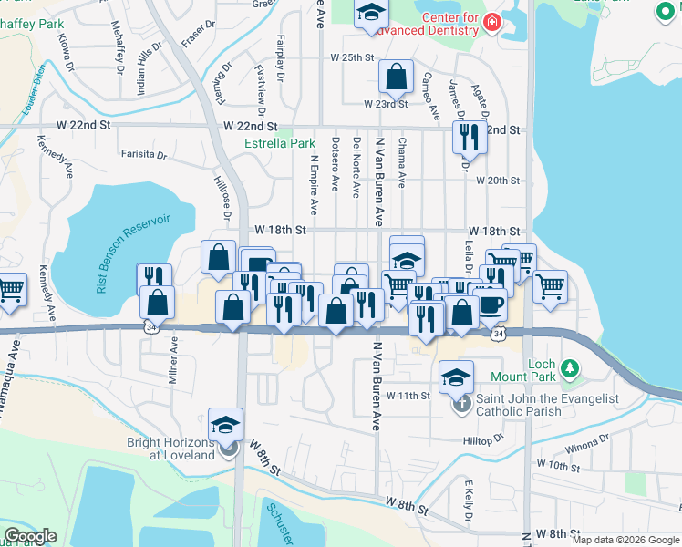 map of restaurants, bars, coffee shops, grocery stores, and more near 1713 Dotsero Avenue in Loveland