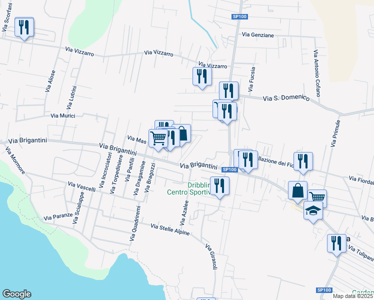 map of restaurants, bars, coffee shops, grocery stores, and more near 38 Via Sciabelle in Taranto