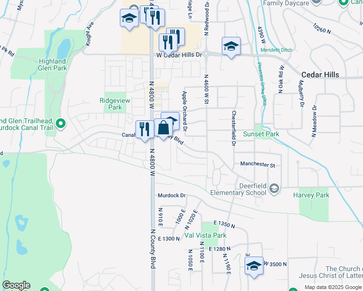 map of restaurants, bars, coffee shops, grocery stores, and more near 4691 Harvey Boulevard in Cedar Hills