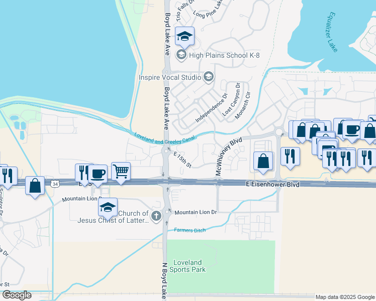 map of restaurants, bars, coffee shops, grocery stores, and more near 1915 Halfmoon Circle in Loveland