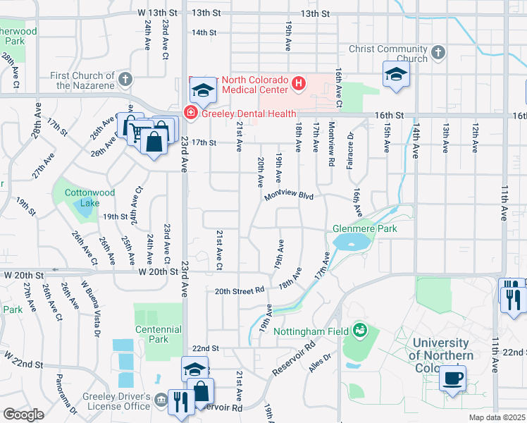 map of restaurants, bars, coffee shops, grocery stores, and more near 1826 Montview Boulevard in Greeley