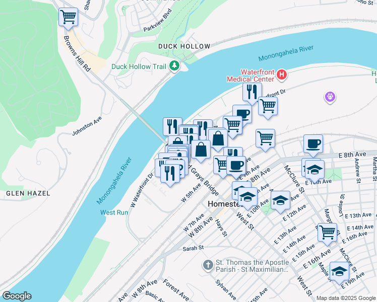 map of restaurants, bars, coffee shops, grocery stores, and more near 163 East Bridge Street in Homestead