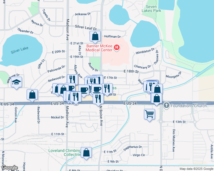 map of restaurants, bars, coffee shops, grocery stores, and more near 1632 East 16th Street in Loveland