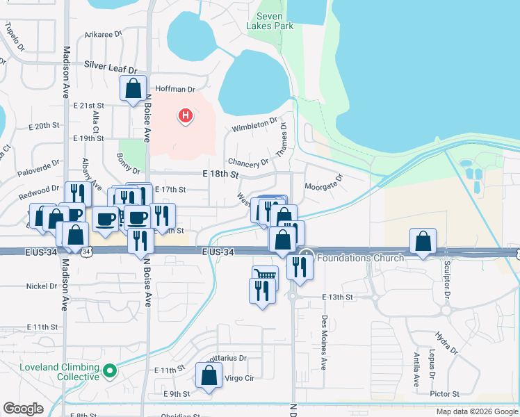 map of restaurants, bars, coffee shops, grocery stores, and more near 2126 Chelsea Drive in Loveland