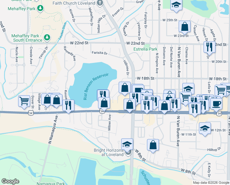 map of restaurants, bars, coffee shops, grocery stores, and more near 1776 Stove Prairie Circle in Loveland