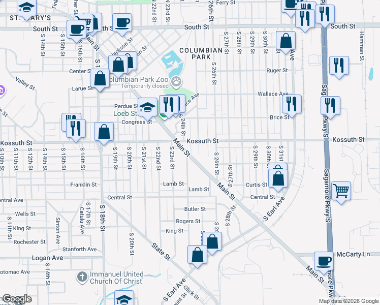 map of restaurants, bars, coffee shops, grocery stores, and more near 2409 Kossuth Street in Lafayette