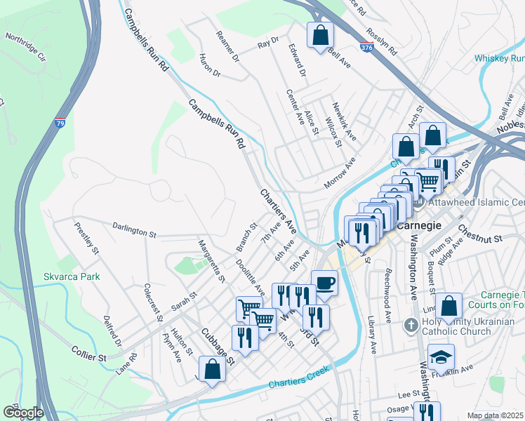 map of restaurants, bars, coffee shops, grocery stores, and more near 293 Lexington Court in Carnegie