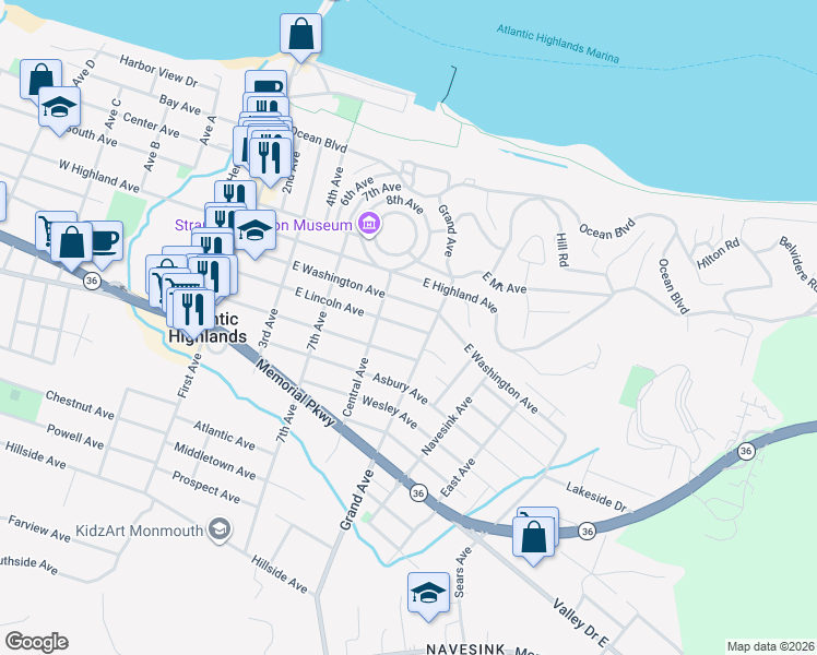 map of restaurants, bars, coffee shops, grocery stores, and more near East Lincoln Avenue in Atlantic Highlands