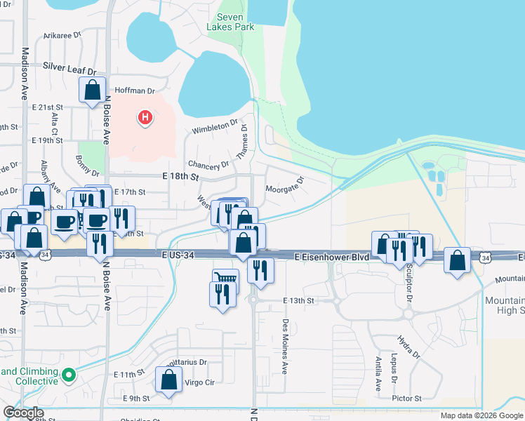 map of restaurants, bars, coffee shops, grocery stores, and more near 2325 Notting Hill Place in Loveland