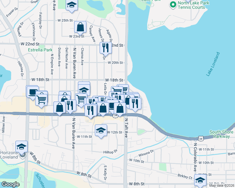 map of restaurants, bars, coffee shops, grocery stores, and more near 1704 Abeyta Court in Loveland