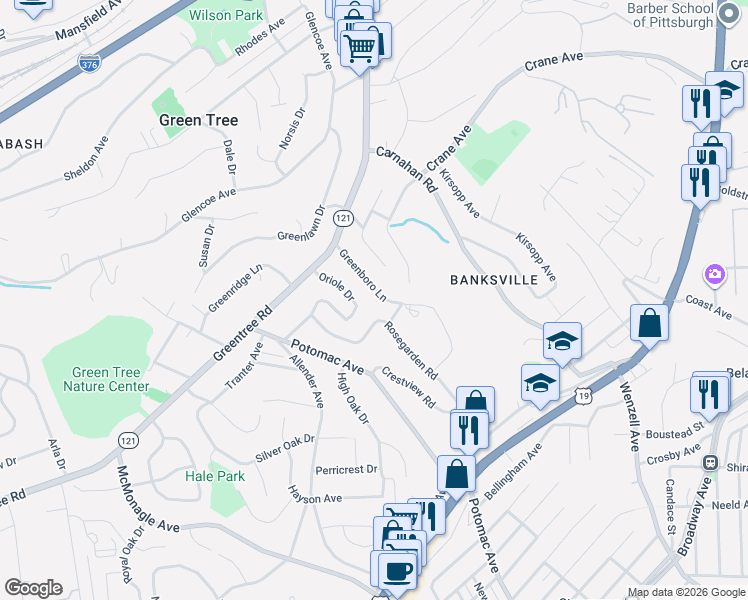 map of restaurants, bars, coffee shops, grocery stores, and more near 109 Greenboro Lane in Pittsburgh