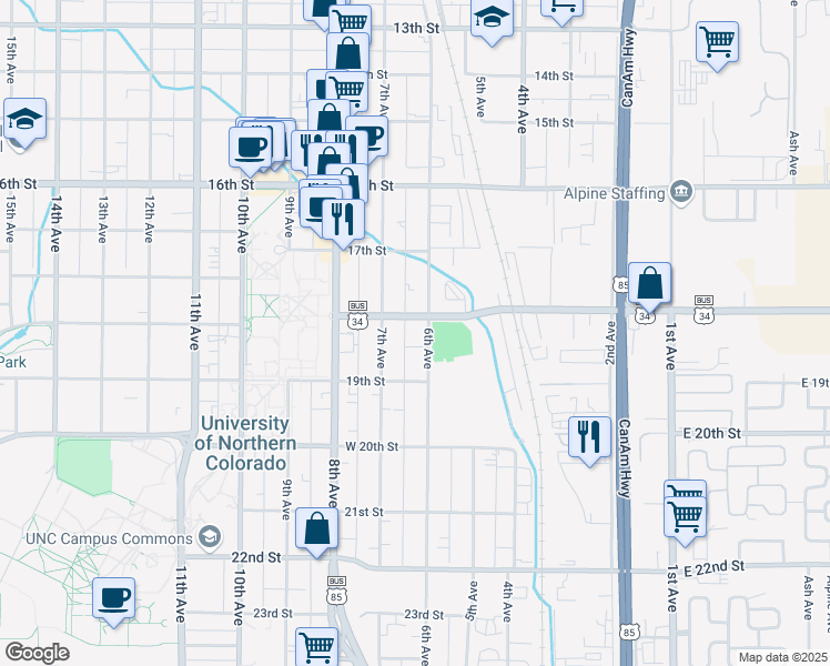 map of restaurants, bars, coffee shops, grocery stores, and more near 611 18th Street in Greeley