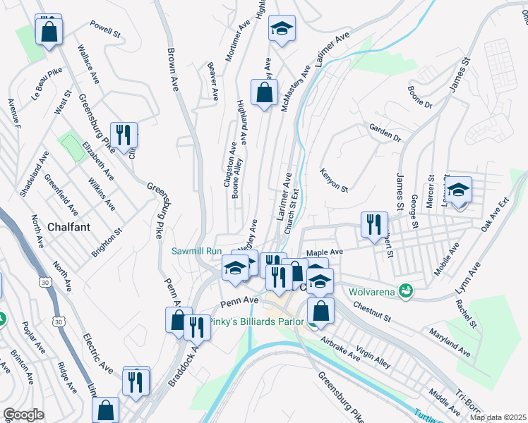 map of restaurants, bars, coffee shops, grocery stores, and more near 522 Line Street in Turtle Creek