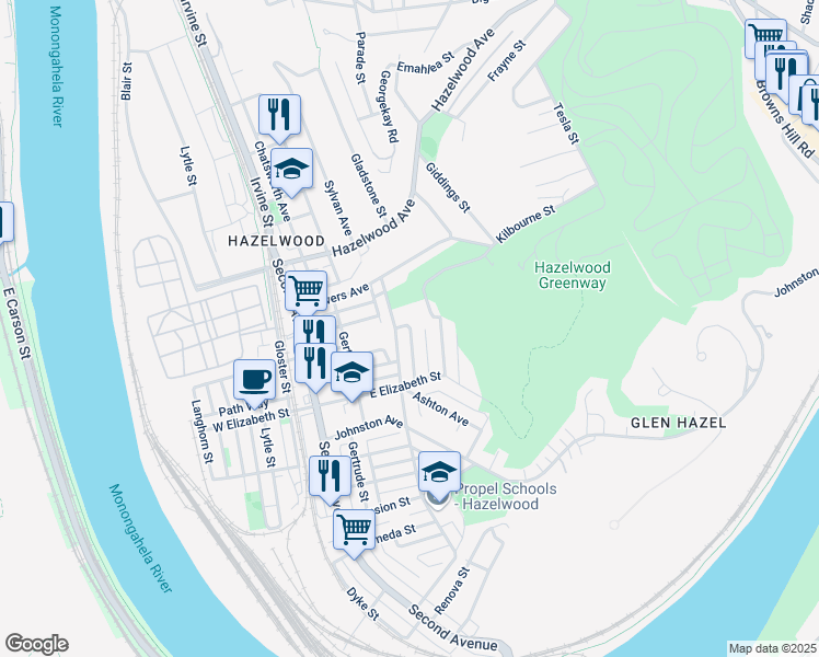 map of restaurants, bars, coffee shops, grocery stores, and more near 4941 Glenwood Avenue in Pittsburgh