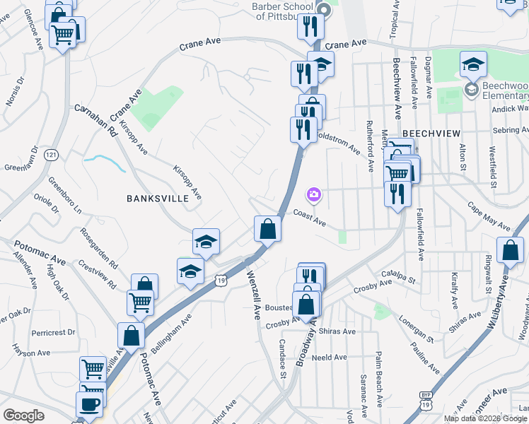 map of restaurants, bars, coffee shops, grocery stores, and more near 1104 Chappel Avenue in Pittsburgh