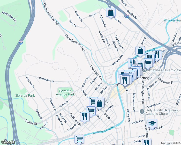 map of restaurants, bars, coffee shops, grocery stores, and more near 293 Lexington Court in Carnegie