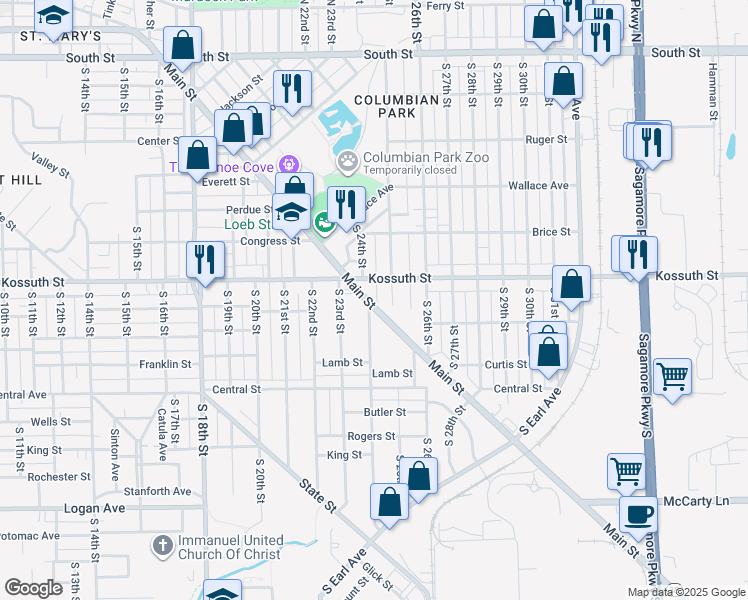 map of restaurants, bars, coffee shops, grocery stores, and more near 2409 Kossuth Street in Lafayette