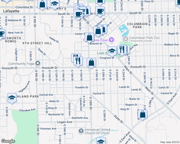 map of restaurants, bars, coffee shops, grocery stores, and more near 1800 Kossuth Street in Lafayette