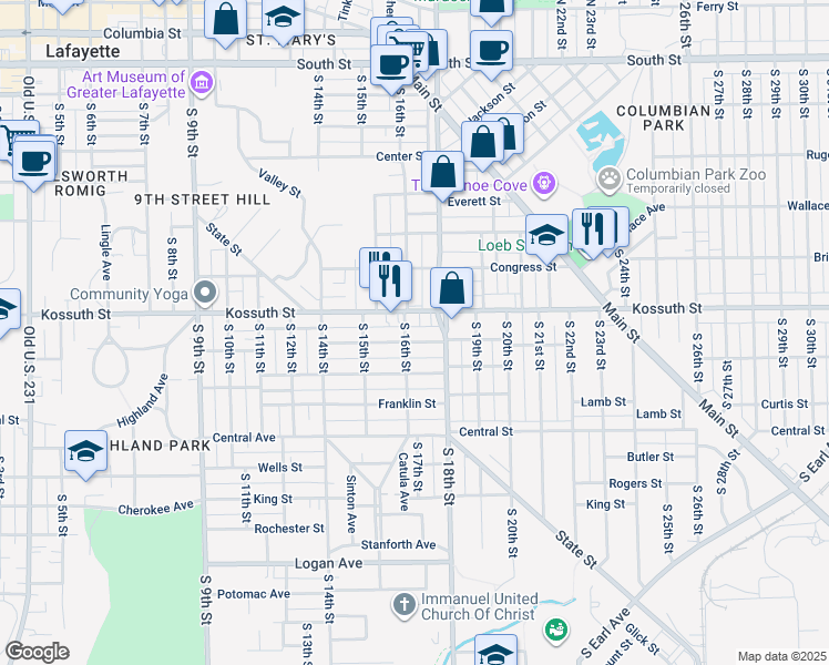 map of restaurants, bars, coffee shops, grocery stores, and more near 700 South 16th Street in Lafayette